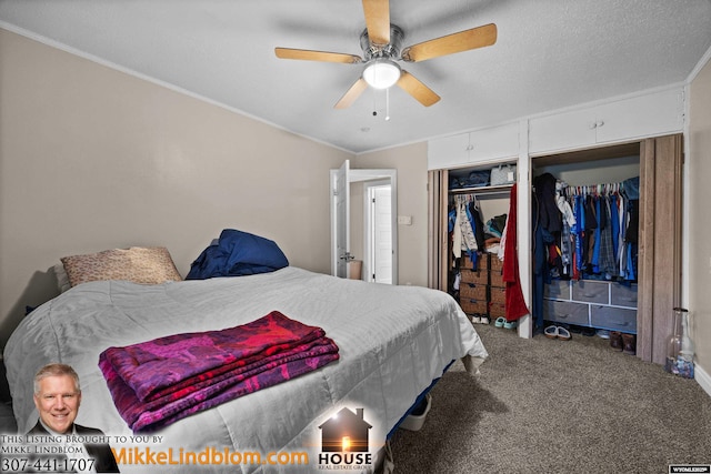 bedroom with carpet flooring, crown molding, and ceiling fan