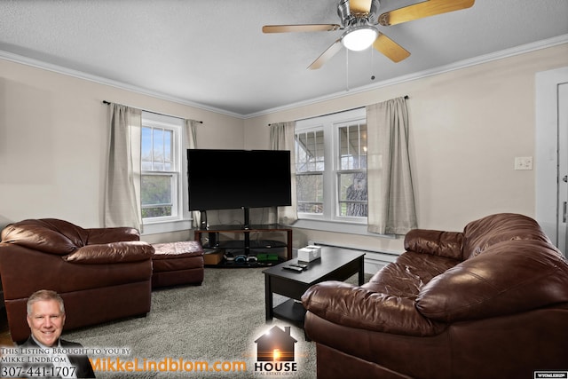 living area with crown molding, carpet flooring, a ceiling fan, and baseboard heating