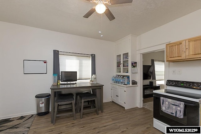 330 M St, Rock Springs, WY 82901 - kitchen with electric range, dark wood finished floors, a ceiling fan, and light brown cabinetry