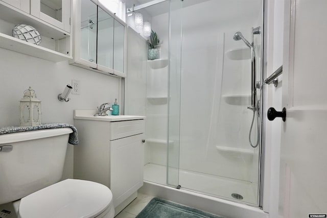 full bath featuring toilet, a shower stall, and vanity