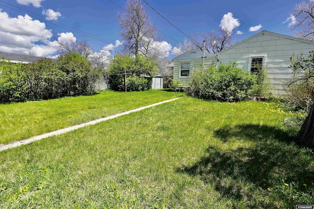 view of grassy yard featuring a storage shed and an outdoor structure