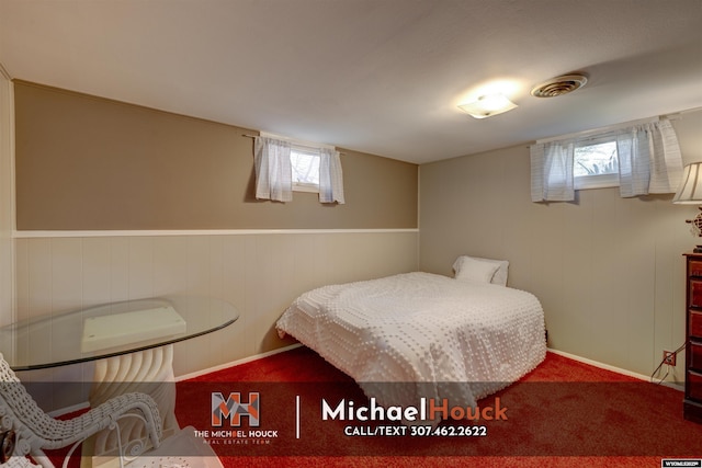bedroom featuring multiple windows, carpet, and wainscoting