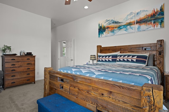 carpeted bedroom with a ceiling fan, recessed lighting, and baseboards