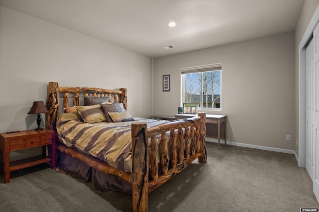 bedroom featuring carpet, baseboards, and recessed lighting