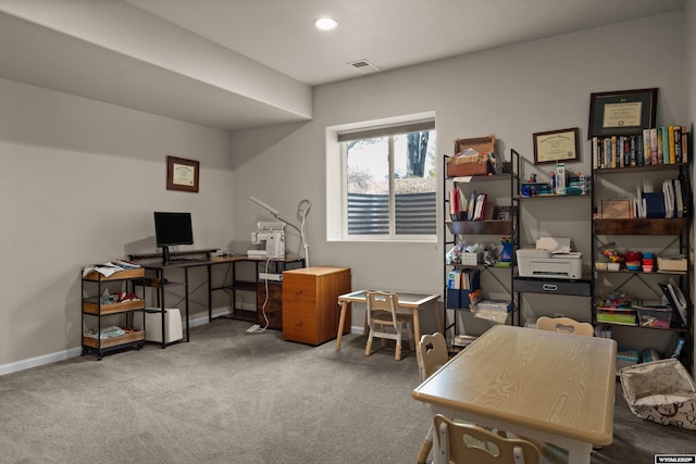 office space featuring carpet flooring, baseboards, and recessed lighting