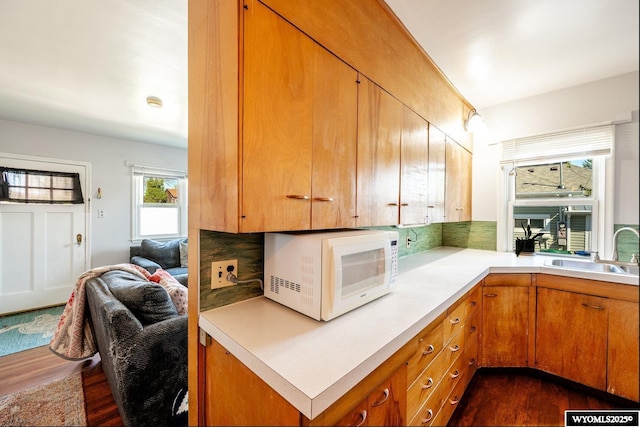 223 S Thurmond St, Sheridan, WY 82801 - kitchen with white microwave, a sink, dark wood-style floors, light countertops, and tasteful backsplash