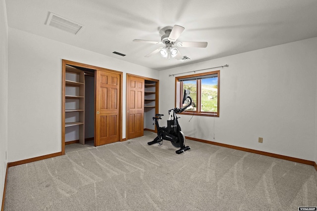 workout area with carpet flooring, baseboards, and a ceiling fan