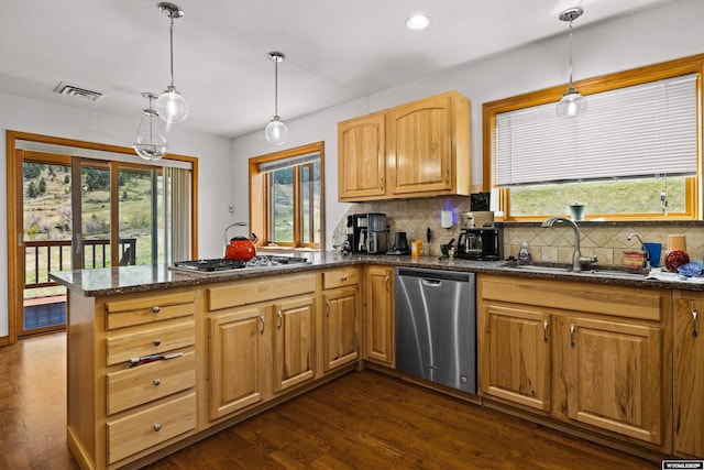 kitchen featuring appliances with stainless steel finishes, a sink, a peninsula, decorative backsplash, and plenty of natural light