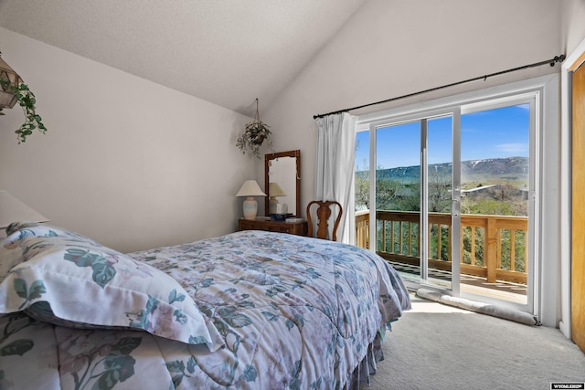 bedroom featuring access to outside, high vaulted ceiling, and carpet