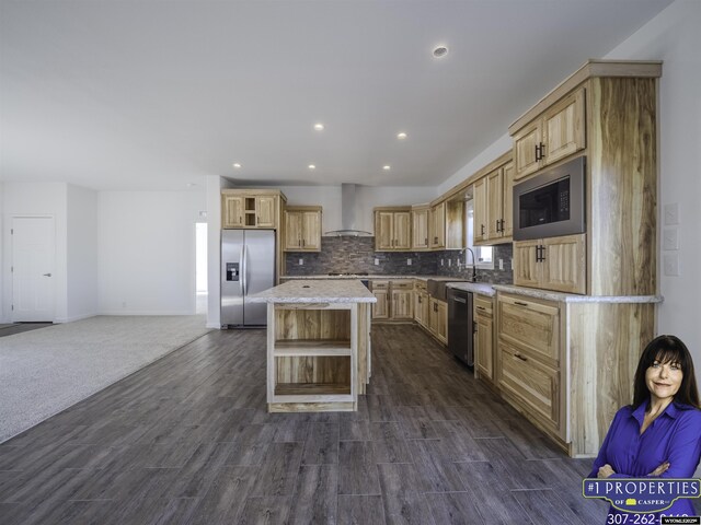 430 W Platte, Glenrock, WY 82637 - kitchen featuring open shelves, stainless steel appliances, wall chimney range hood, a sink, and recessed lighting
