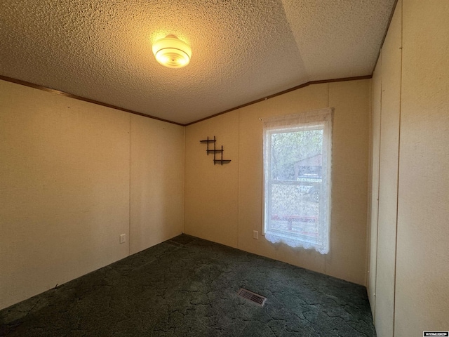 1414 Eileen St, Riverton, WY 82501 - empty room with a textured ceiling, dark colored carpet, and vaulted ceiling