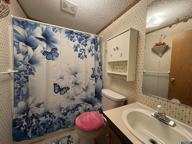 1414 Eileen St, Riverton, WY 82501 - full bathroom featuring wallpapered walls, a textured ceiling, vaulted ceiling, vanity, and toilet