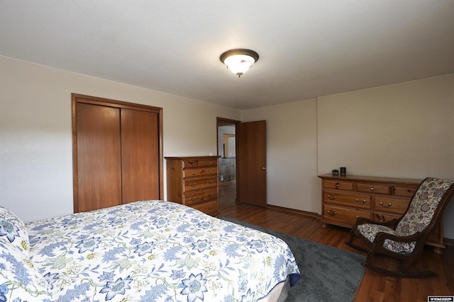 bedroom with dark wood-style floors and a closet