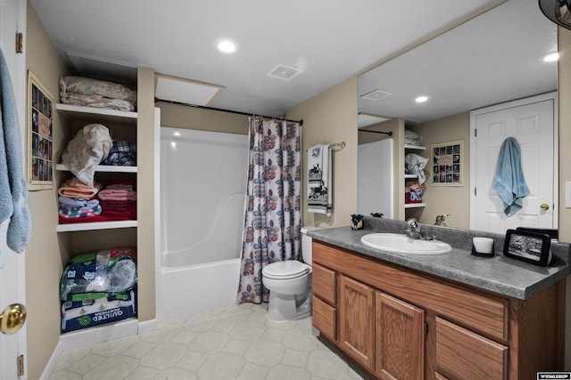 bathroom featuring toilet, vanity, tile patterned floors, recessed lighting, and shower / bath combo with shower curtain
