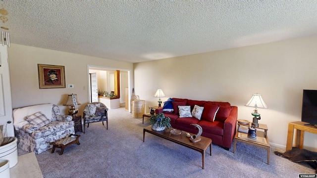 living room featuring carpet and a textured ceiling