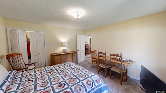 bedroom with carpet flooring, a textured ceiling, baseboards, and a closet