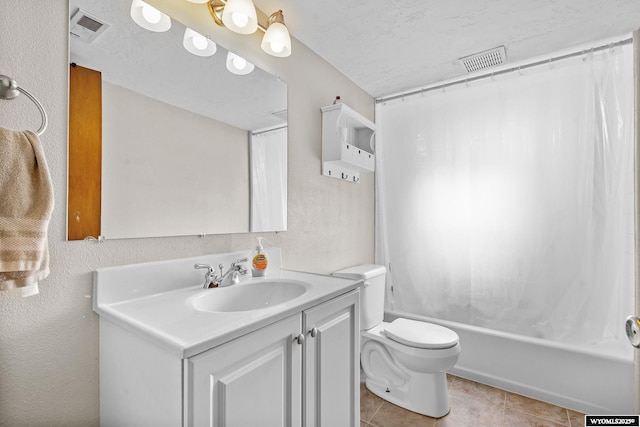 104 Canyon Hollow Dr, Evanston, WY 82930 - full bath featuring vanity, toilet, shower / bathtub combination with curtain, tile patterned floors, and a textured wall