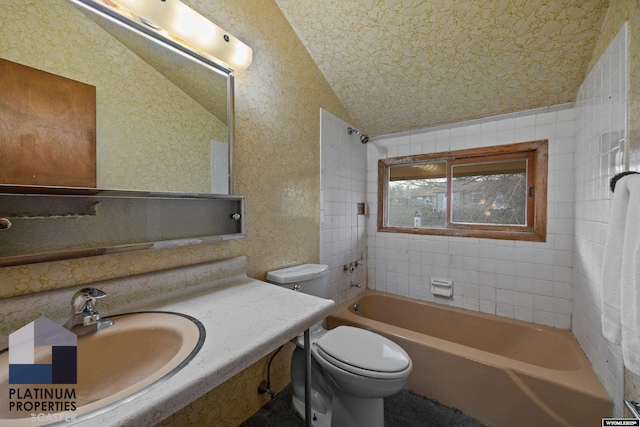 bathroom with lofted ceiling, toilet, shower / bath combination, and vanity