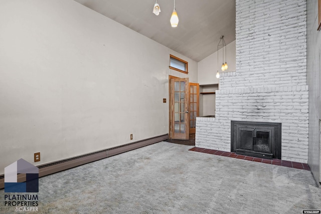 unfurnished living room with high vaulted ceiling, carpet, a fireplace, a baseboard radiator, and french doors