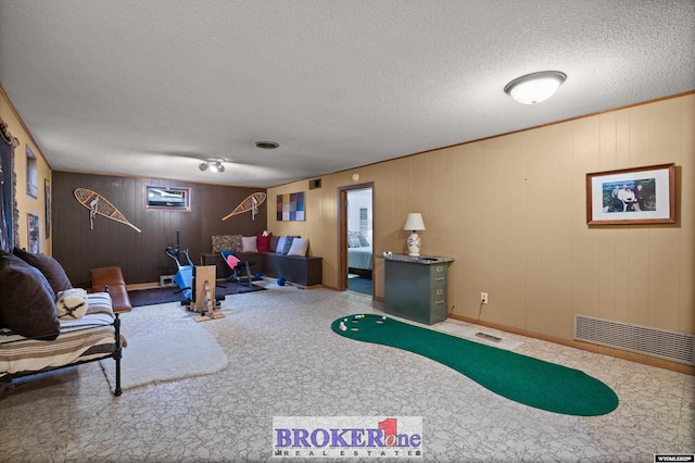 living area featuring a textured ceiling, wooden walls, and baseboards