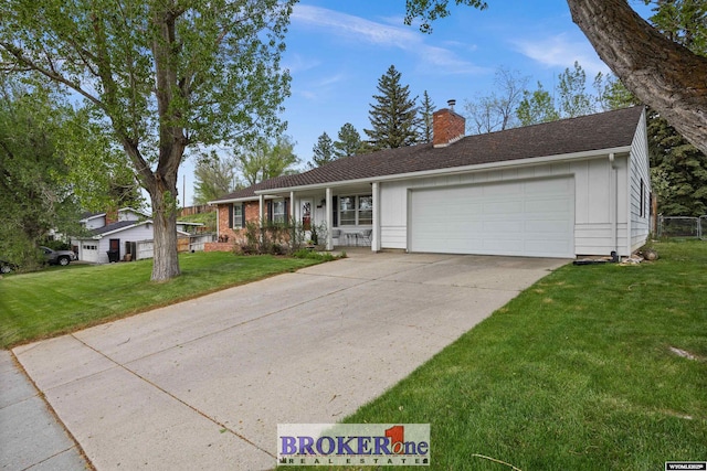 ranch-style home featuring a front lawn, a chimney, an attached garage, a porch, and board and batten siding