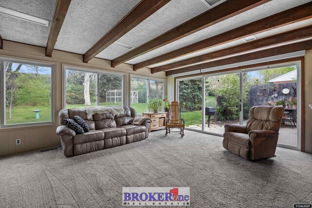 living room with carpet floors, beamed ceiling, and plenty of natural light