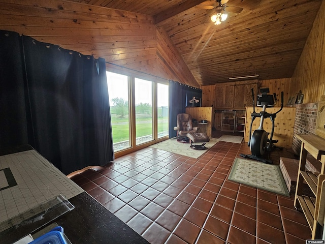 1008 N Rd 11, Worland, WY 82401 - living area featuring wooden ceiling, dark tile patterned flooring, wood walls, and ceiling fan