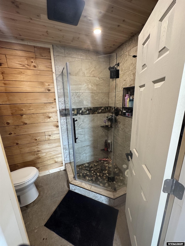 71 Sterling Dr, Daniel, WY 83115 - bathroom featuring toilet, a shower stall, tile patterned floors, wooden ceiling, and recessed lighting