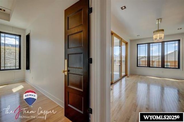 foyer entrance with plenty of natural light, light wood-style floors, and baseboards