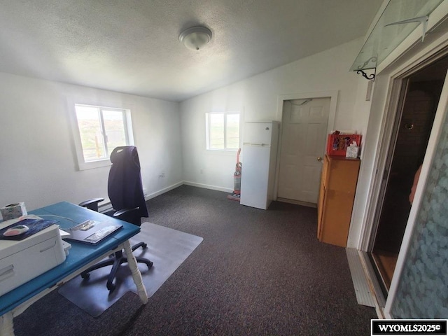 office with vaulted ceiling, baseboards, a textured ceiling, and dark carpet