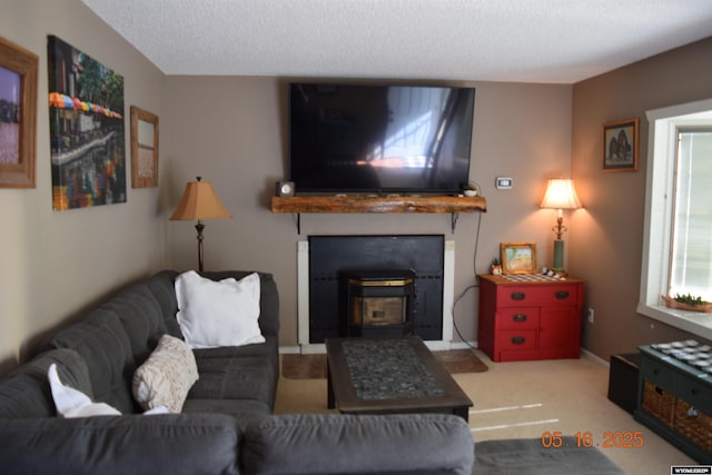 carpeted living room with a wood stove and a textured ceiling