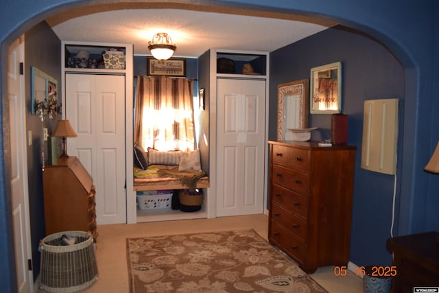 bedroom featuring arched walkways and multiple closets