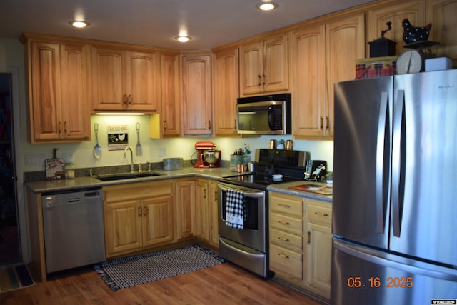 kitchen with stainless steel appliances, a sink, recessed lighting, and dark wood finished floors