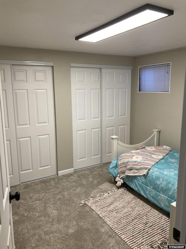 bedroom with multiple closets and carpet floors