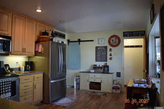 kitchen featuring appliances with stainless steel finishes, a barn door, dark wood-type flooring, and recessed lighting