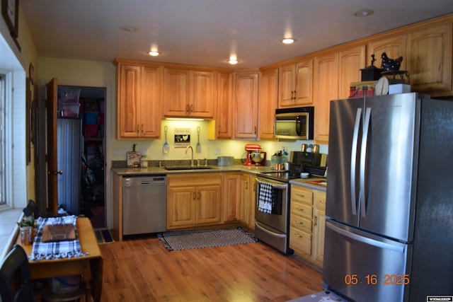 kitchen featuring stainless steel appliances, a sink, wood finished floors, and recessed lighting