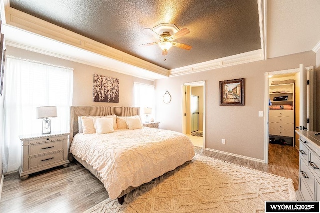 1705 N Heights Cir, Sheridan, WY 82801 - bedroom featuring a raised ceiling, crown molding, light wood-type flooring, a walk in closet, and baseboards