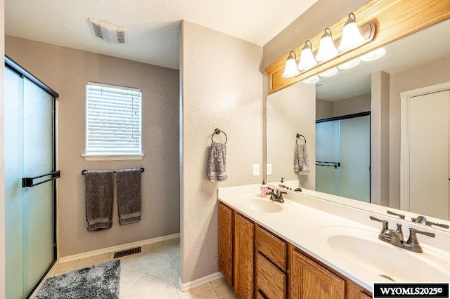 1705 N Heights Cir, Sheridan, WY 82801 - full bathroom with baseboards, double vanity, a shower with door, and tile patterned flooring