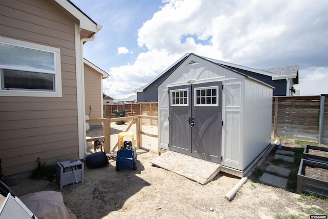 view of shed with a fenced backyard