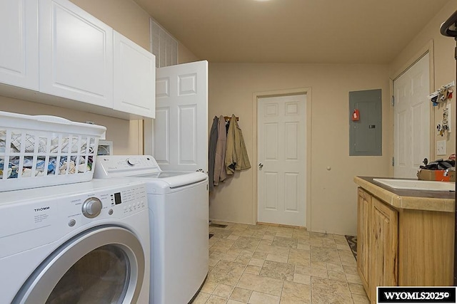 15 Greve Cir, Rock Springs, WY 82901 - clothes washing area with electric panel, cabinet space, washer and clothes dryer, and light stone finish floors