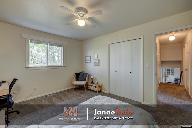 bedroom with carpet floors, baseboards, a closet, and ceiling fan
