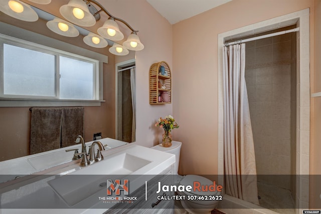bathroom with toilet, a stall shower, and vanity