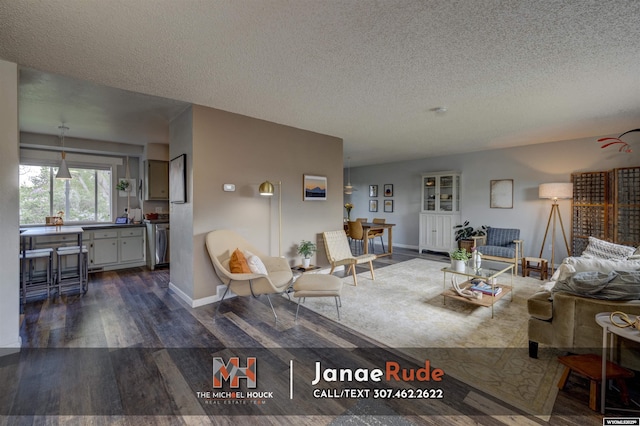 living area featuring dark wood-style flooring, a textured ceiling, and baseboards