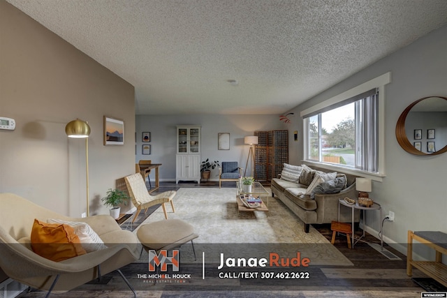living room with wood finished floors, a textured ceiling, and baseboards