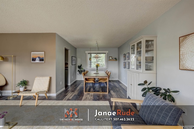 dining space featuring wood finished floors, a textured ceiling, and baseboards