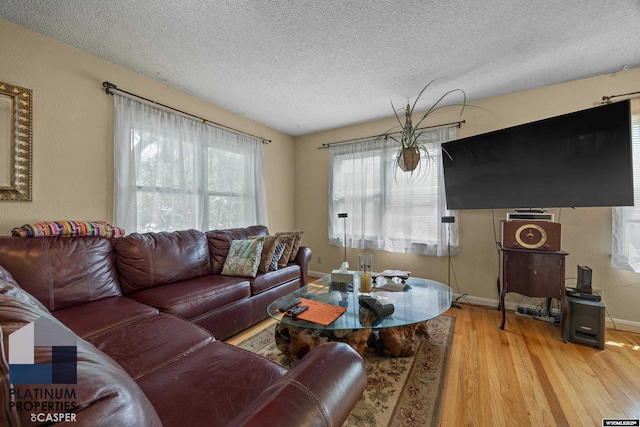living area featuring a textured ceiling, wood finished floors, and baseboards