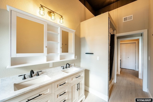 1030 N Main St, Sheridan, WY 82801 - full bathroom with wood finished floors, double vanity, and baseboards