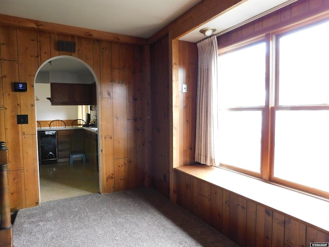 295 N 1st Street E, St, Green River, WY 82935 - empty room featuring plenty of natural light, light colored carpet, arched walkways, and wooden walls