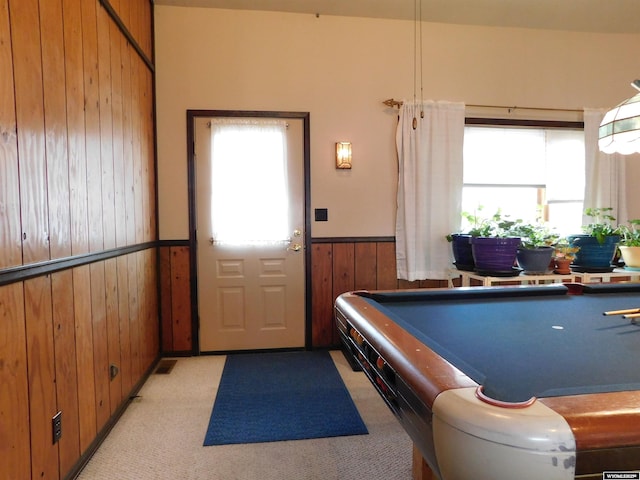 295 N 1st Street E, St, Green River, WY 82935 - game room with wood walls, wainscoting, light carpet, and billiards