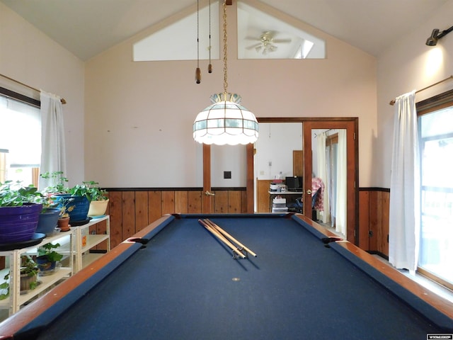 295 N 1st Street E, St, Green River, WY 82935 - rec room featuring lofted ceiling, billiards table, a wainscoted wall, wooden walls, and a ceiling fan